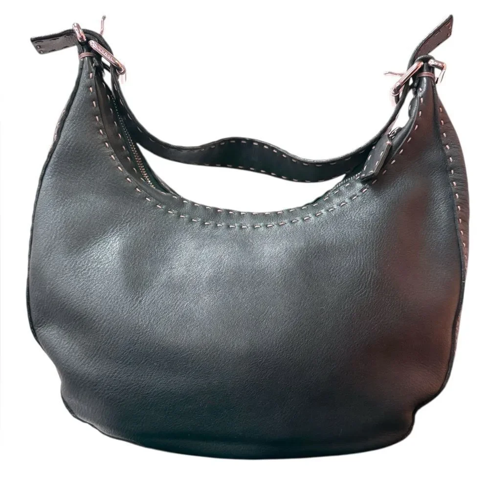 FENDI Midnight Navy Blue Selleria Leather Contrast White Top Stitching Hobo Bag